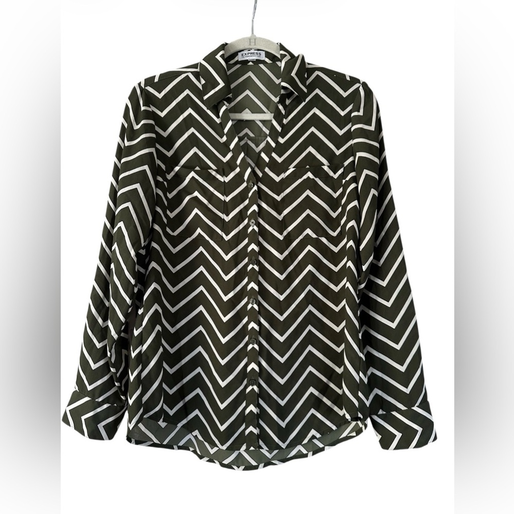 Express Olive Green and White Chevron Button-Down Shirt